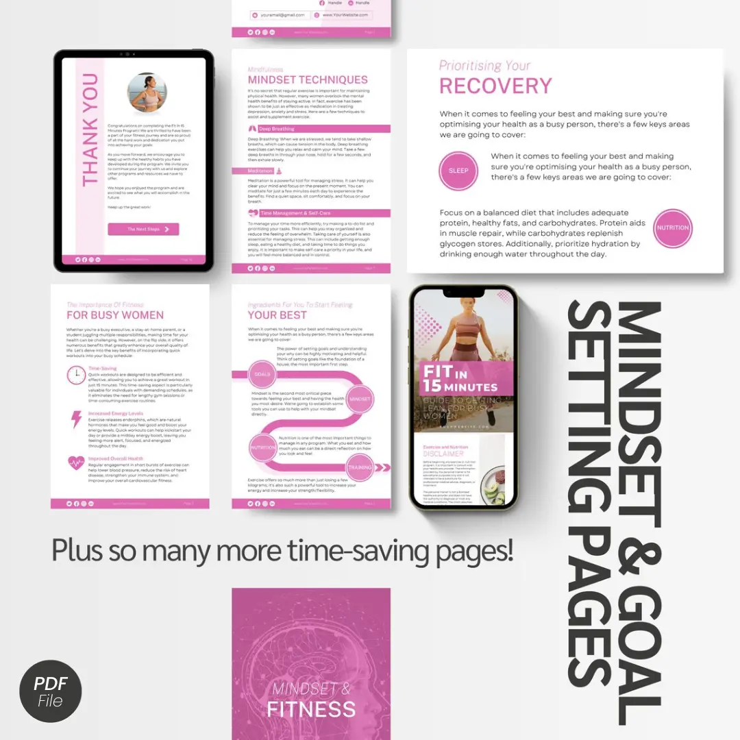 Digital product packaging with a tablet, smartphone, and printed pages on a white background.