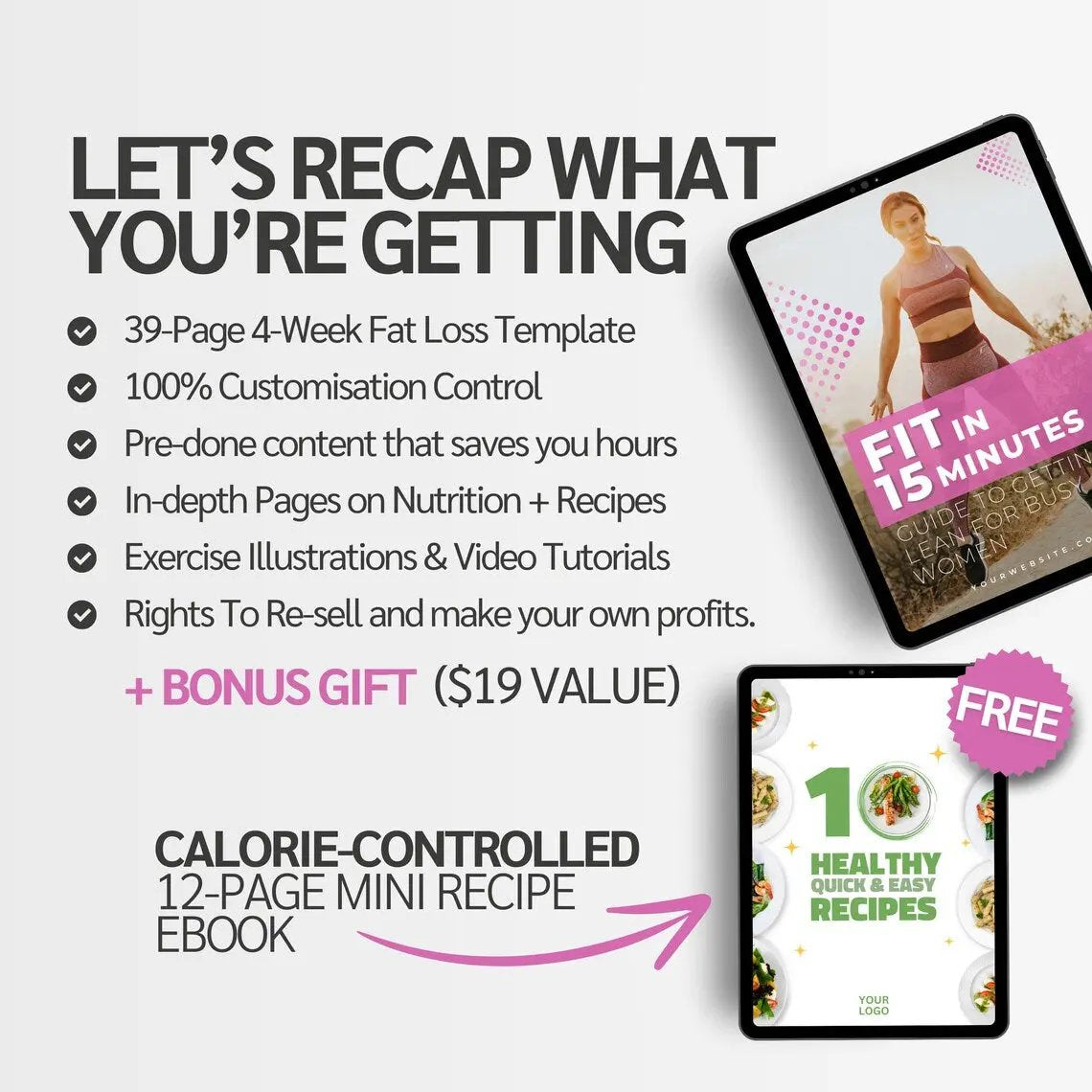 Promotional graphic for a fat loss template with tablets displaying content on a white background