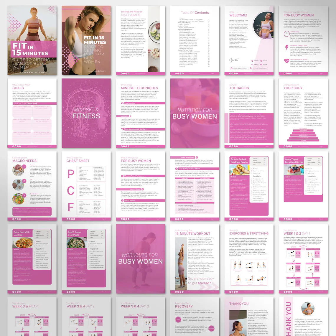 Collection of fitness brochures with pink and white design on a white background