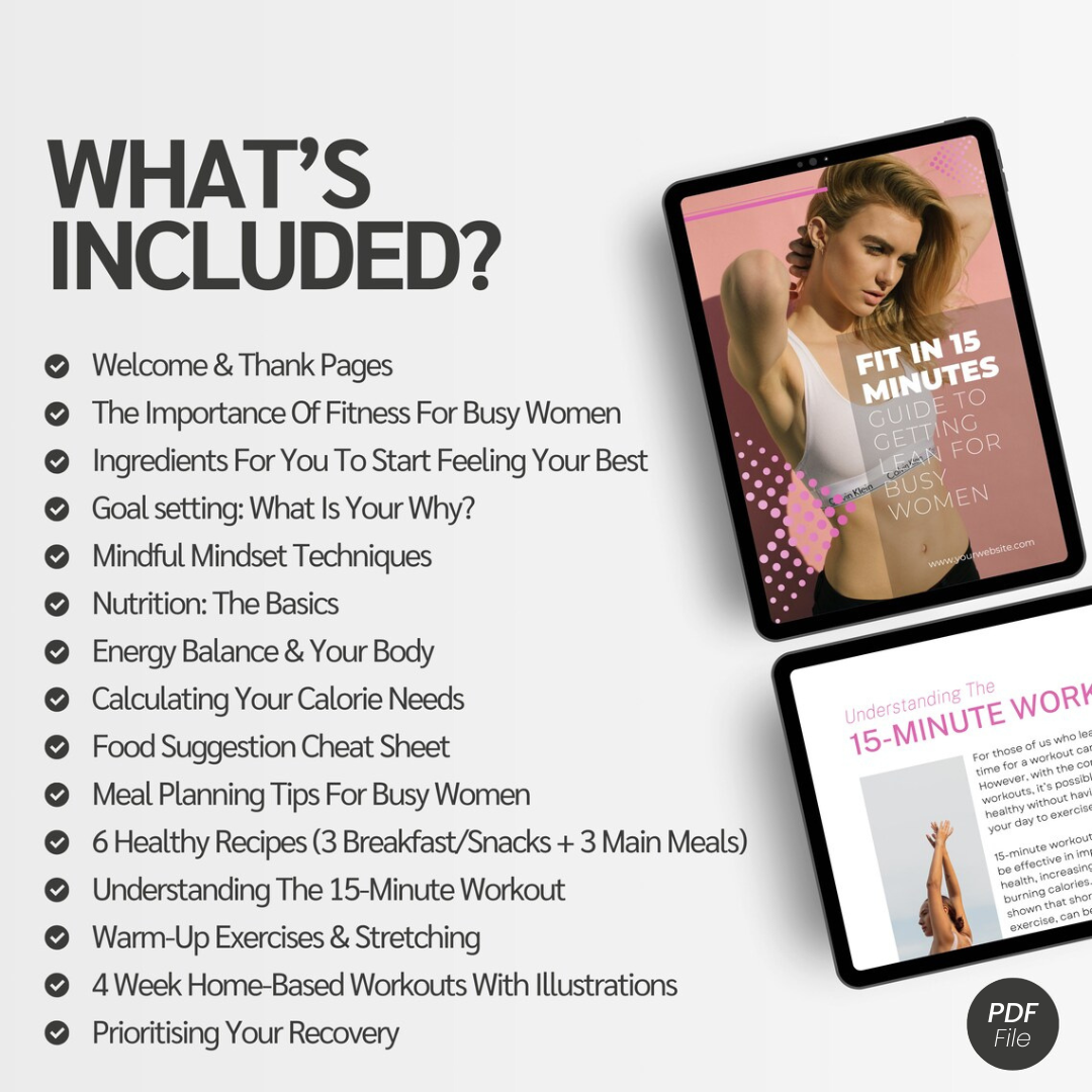 Tablet displaying a fitness app with a list of included features on a white background