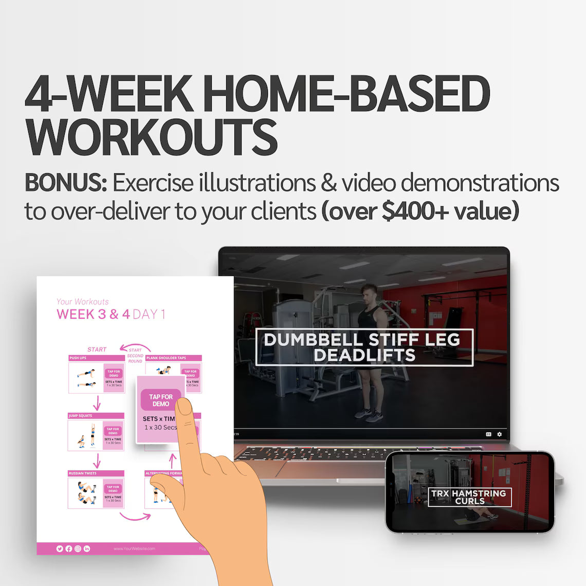 Promotional graphic for 4-week home-based workouts with exercise illustrations, video demonstrations, and a laptop displaying a workout video.