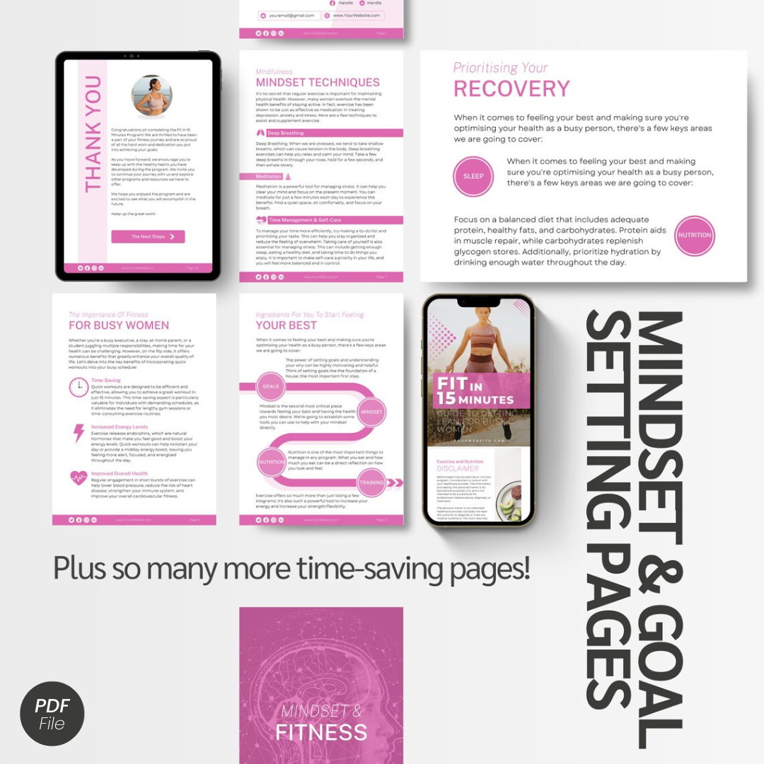 Digital product packaging with a tablet, smartphone, and printed pages on a white background.