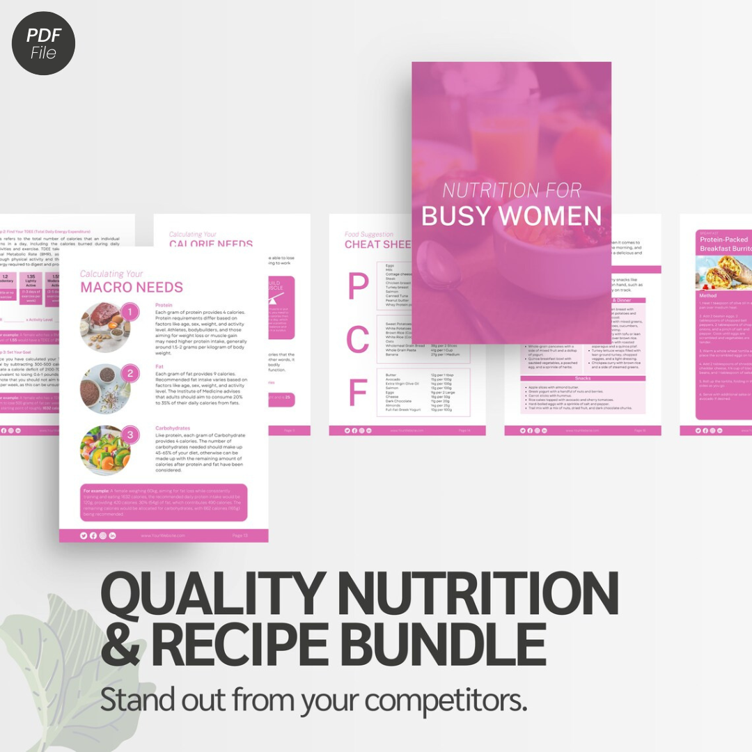 Nutrition bundle for busy women with various pages and a cover on a white background.