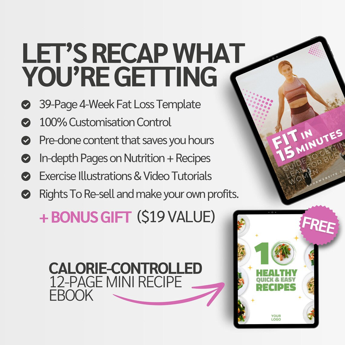 Promotional graphic for a fat loss template with tablets displaying content on a white background