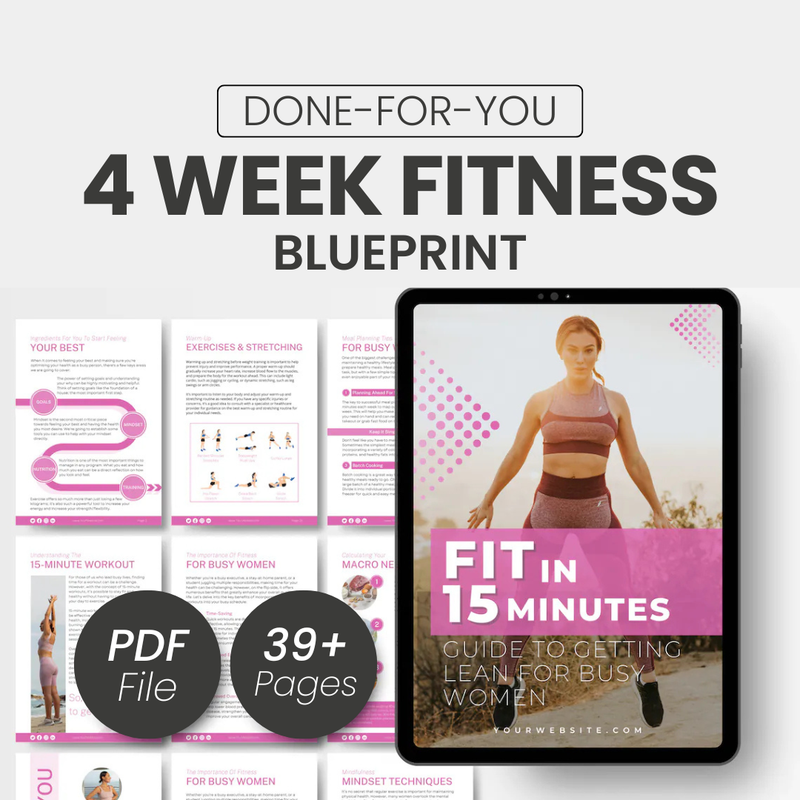 4 Week Fitness Blueprint with digital files and tablet display on a light gray background